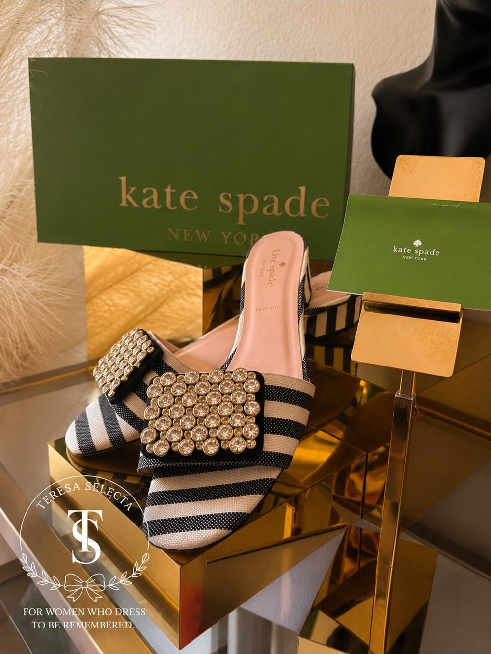 🌹 kate spade Black & White Striped Crystal Buckle Slides